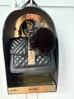 Aldo Black Quilted Crossbody Bag with Gold Hardware and bag charm gift set NWT